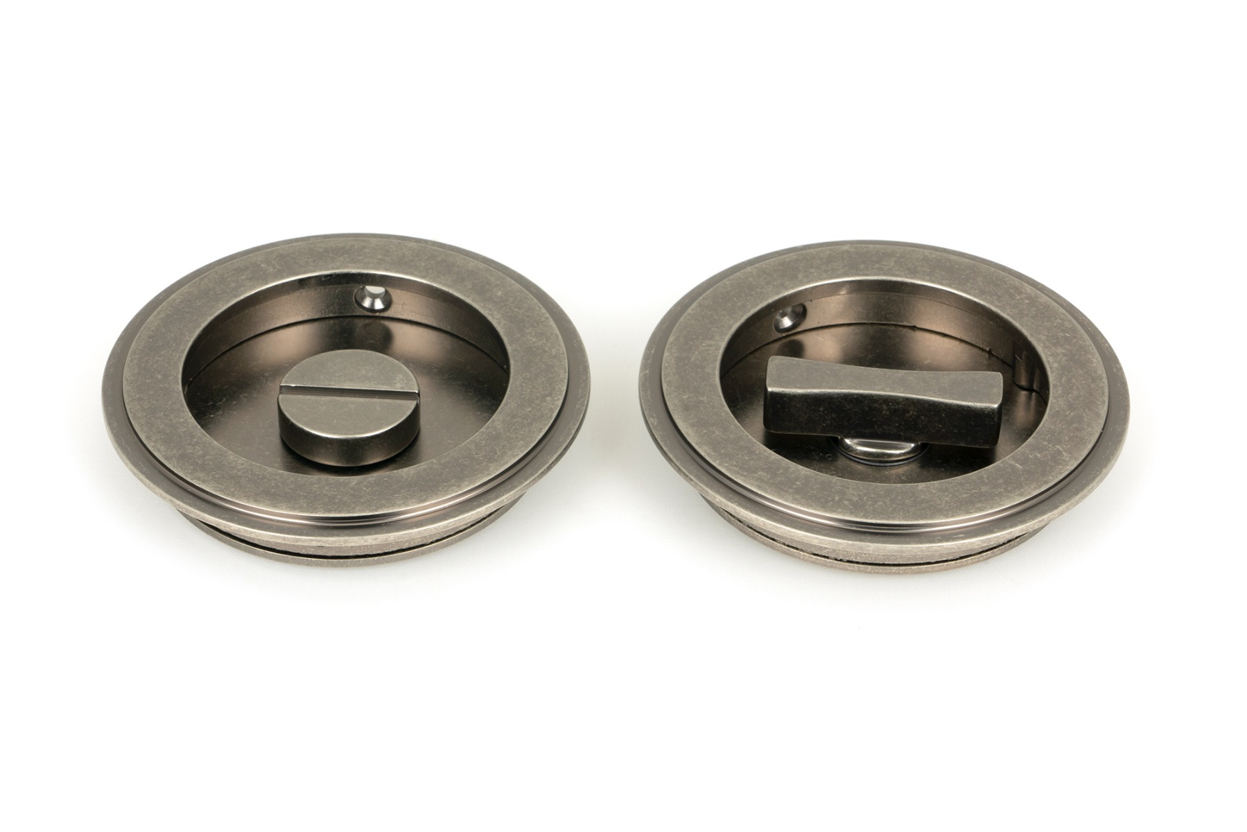 From The Anvil 50183 Pewter 75mm Art Deco Round Pull - Privacy Set Pewter Patina