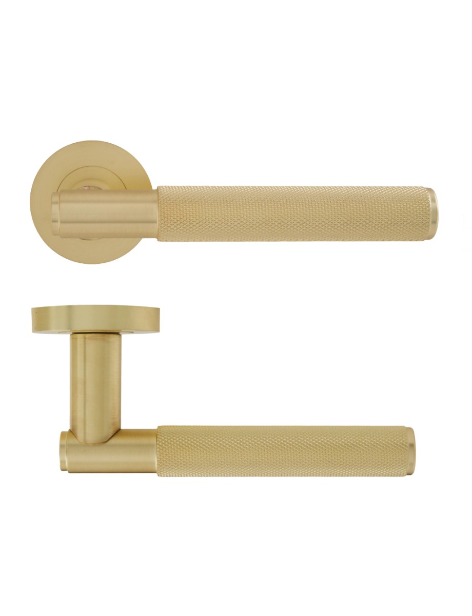 Eclipse Knurled Insignia Lever Door Handle On Rose SBP Satin Brass 63233