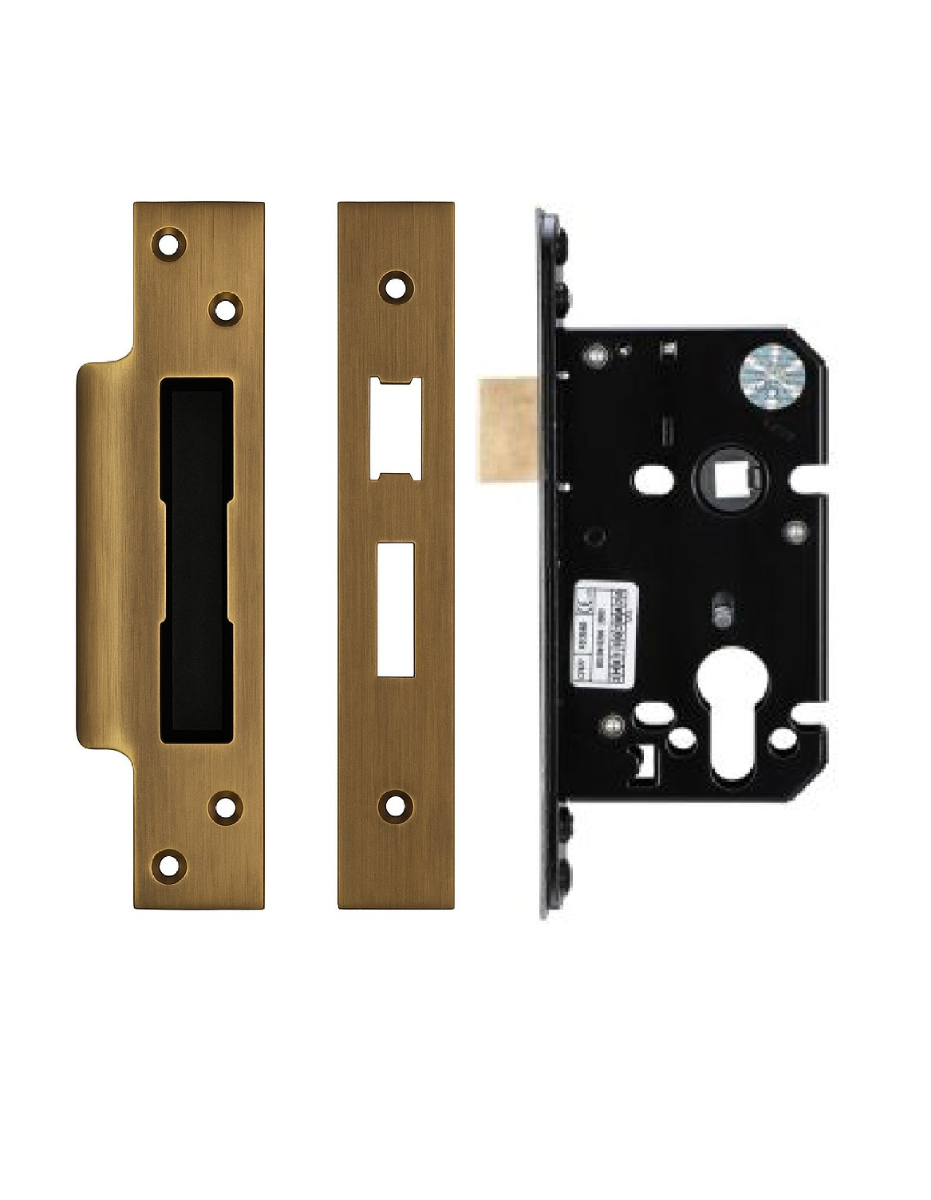IRONZONE Architectural Euro Profile Sash Lock 64mm with 45mm Backset Reversable Latch Antique Brass