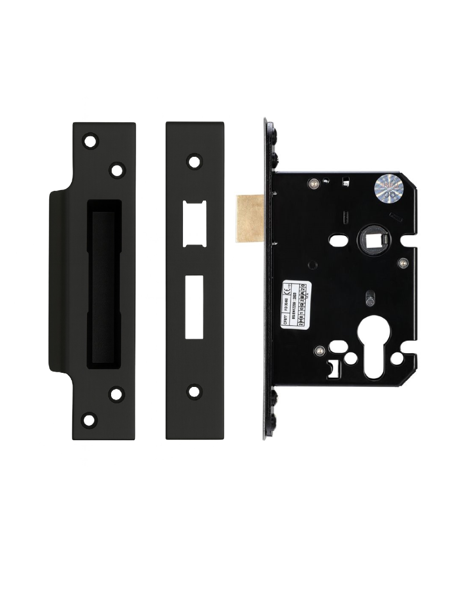 IRONZONE Architectural Euro Profile Sash Lock 76mm with 57mm Backset Reversable Latch Black