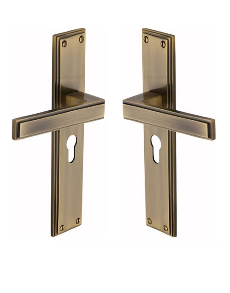 Heritage Brass Atlantis Long Door Handle on Euro Profile Plate Antique Brass ATL6748-AT