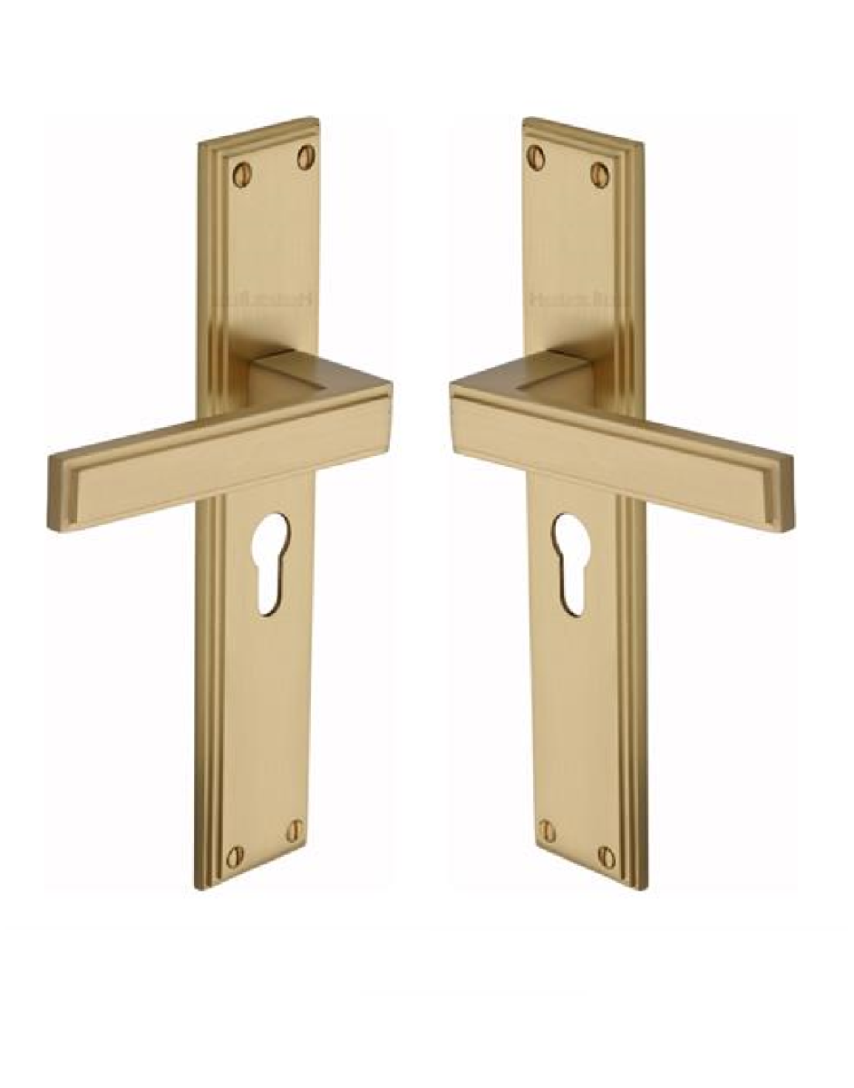Heritage Brass Atlantis Long Door Handle on Euro Profile Plate Satin Brass ATL6748-SB