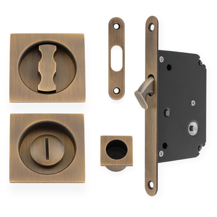 Sliding Pocket Door Lock Set - Square Roses -Antique Brass By Alexander & Wilks AW111RAB
