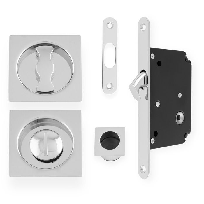 Sliding Pocket Door Lock Set - Square Roses -Polished Chrome By Alexander & Wilks AW111RPC
