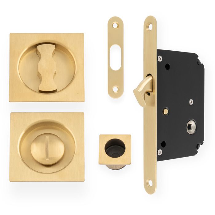 Sliding Pocket Door Lock Set - Square Roses -Satin Brass PVD By Alexander & Wilks AW111RSBPVD
