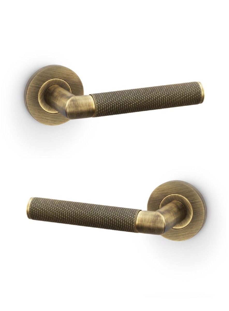 Alexander And Wilks Harrier Lever Knurled On 50X6mm Rose Antique Brass AW210AB