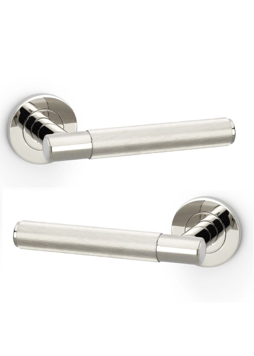 Alexander And Wilks Spitfire Lever Reeded On 50X6mm Rose Pol Nickel Pvd AW222PNPVD