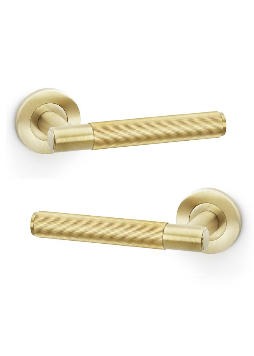 Alexander And Wilks Spitfire Lever Reeded On 50X6mm Rose Satin Brass Pvd AW222SBPVD