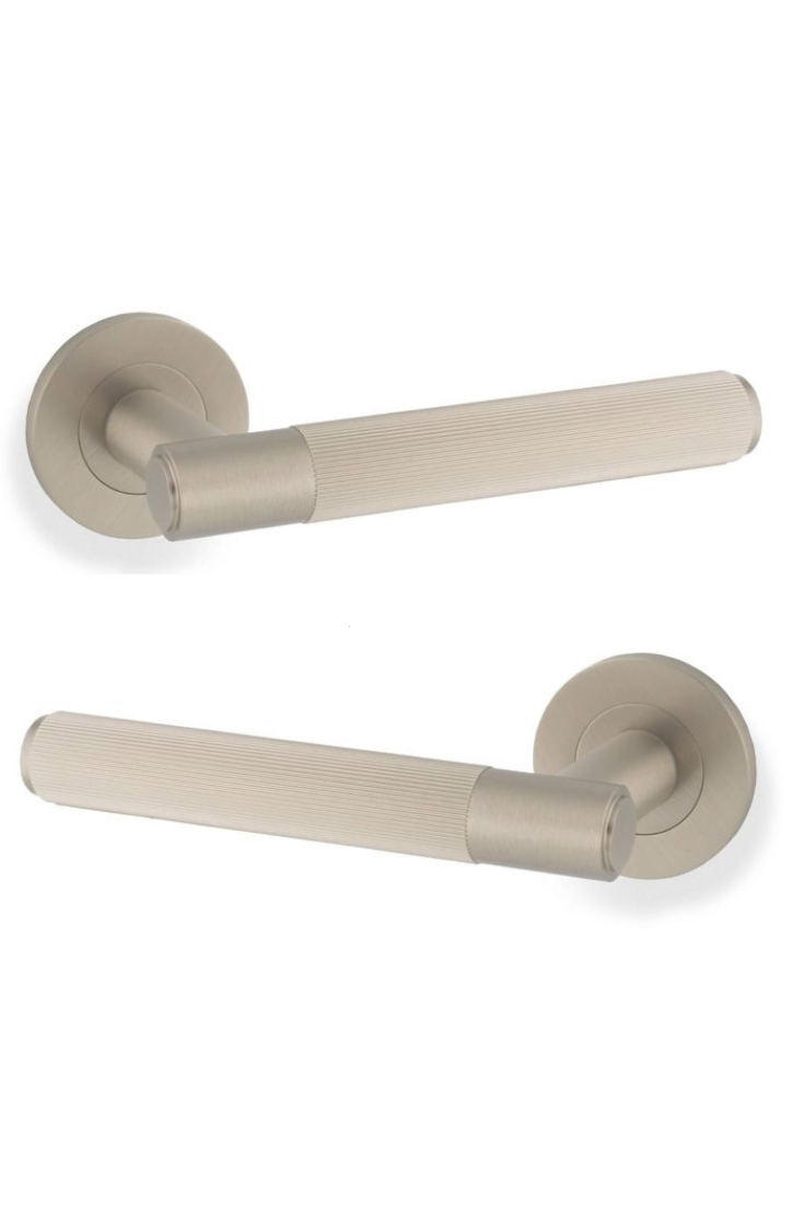 Alexander And Wilks Spitfire Lever Door Handle Reeded On 50X6mm Rose Satin Nickel AW222SN