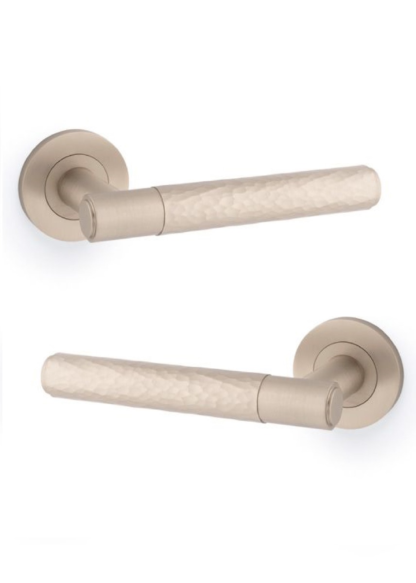 Alexander And Wilks Spitfire Lever Door Handle Hammered On 50X6mm Rose Satin Nickel AW223SN