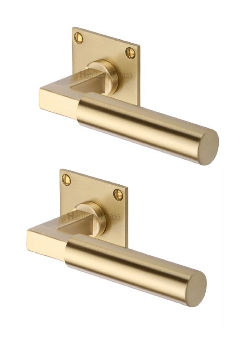 Heritage Brass BAU1926-SB Door Handle Lever Latch on Square Rose Bauhaus Design Satin Brass finish