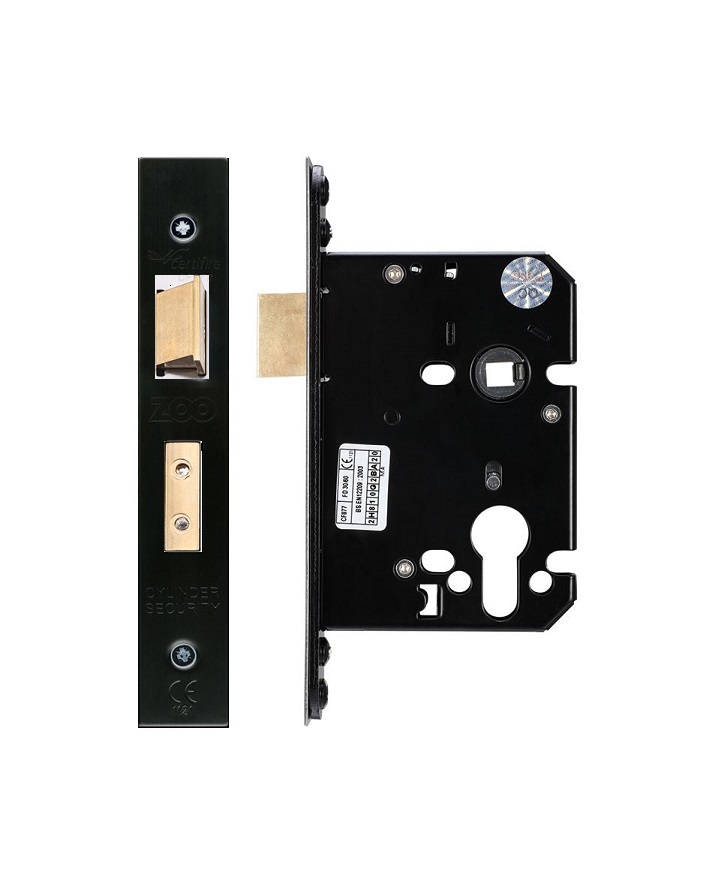 Zoo Hardware ZUKS76EPCB Euro Profile Sash Lock - 76mm C/W Forend and Strike Powder Coated Black