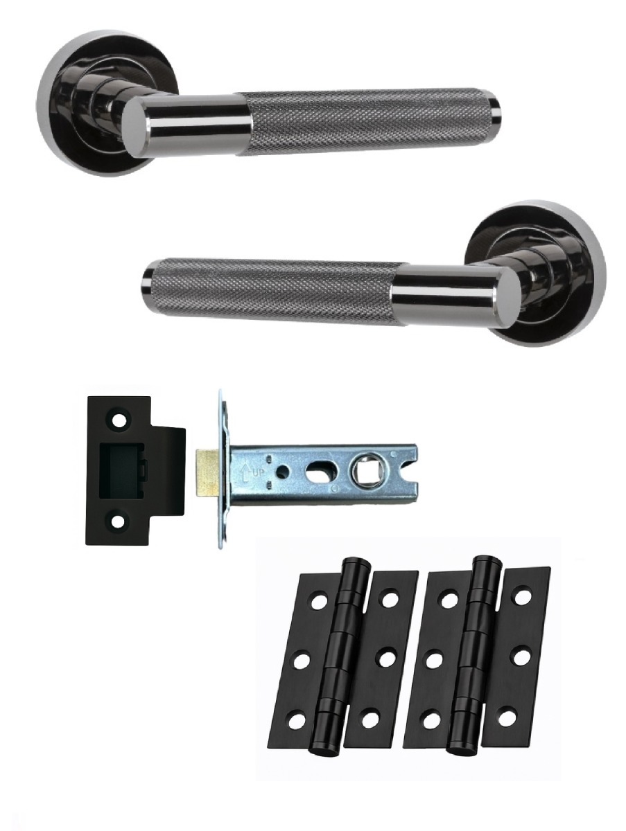 IRONZONE Marino Knurled Door Handle on Rose - Latch Pack - Black Nickel