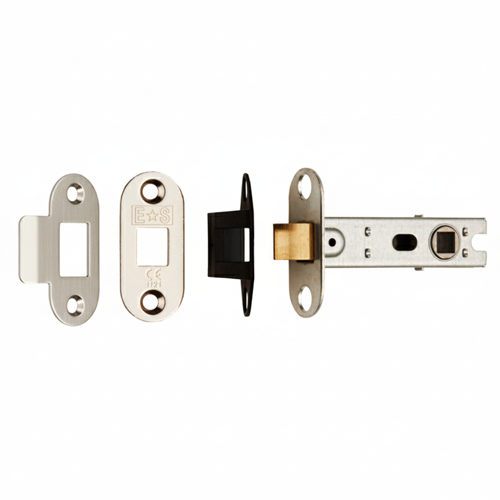 Eurospec 64Mm Bolt-Through Tubular Latch - 8Mm Follower - Radius - Fixed Forend BTL25SSS/R Satin Stainless Steel