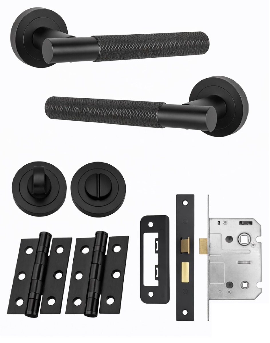 IRONZONE LVR015MB Marino Knurled Lever Door Handle on Rose - Bathroom Pack - Matt Black