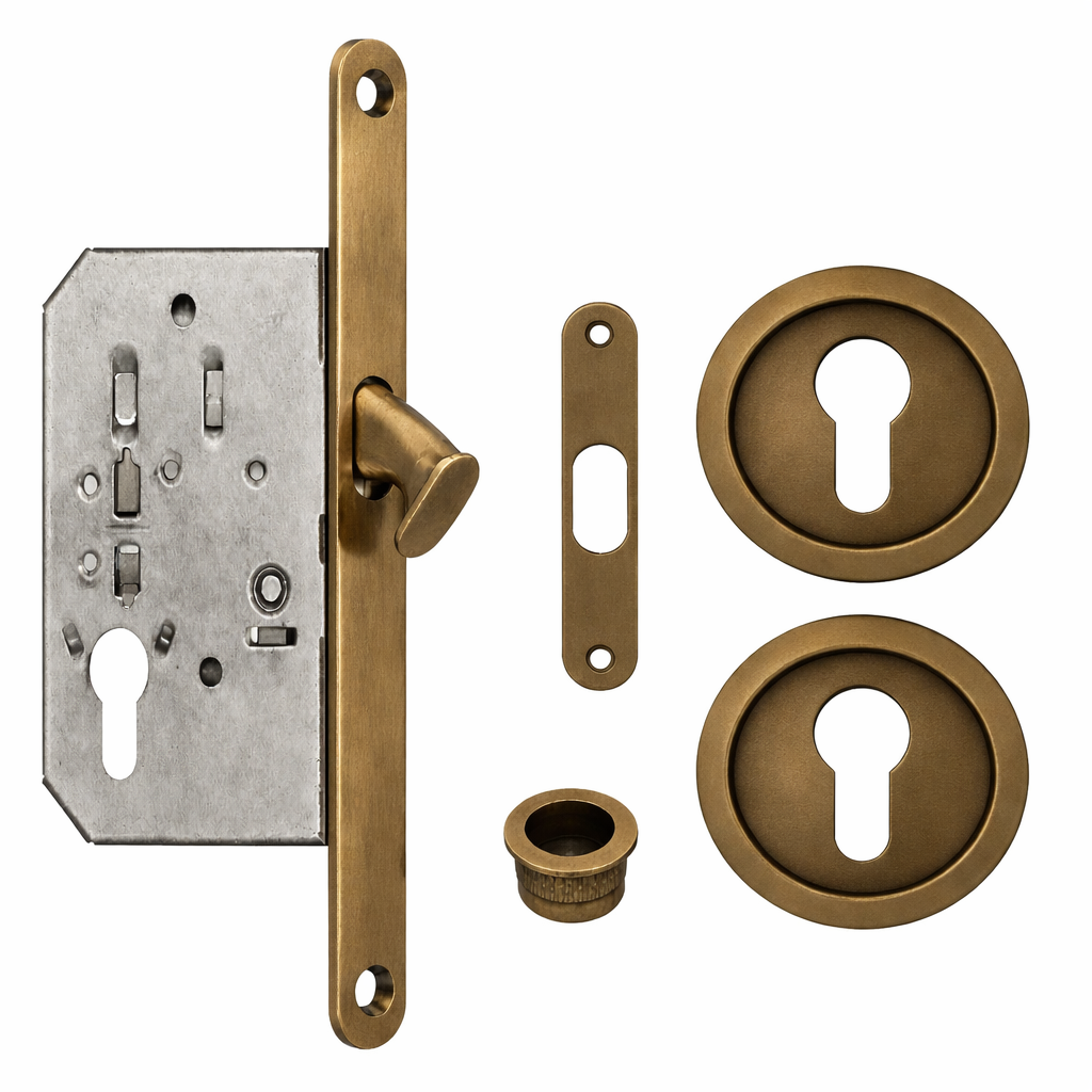 Acre & Clutton Sliding Door Flush Pull Handle Set Euro Lock Profile 57mm Antique Brass