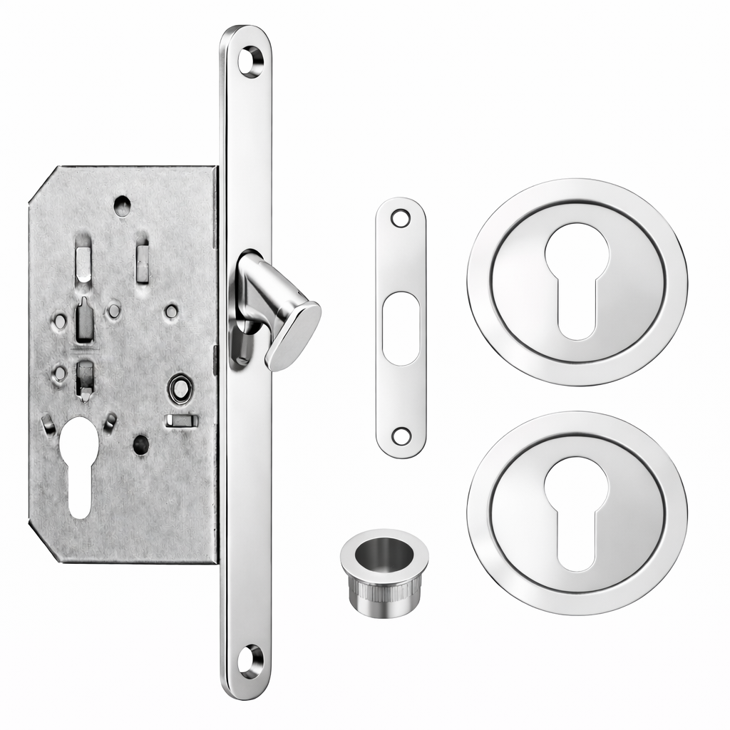 Acre & Clutton Sliding Door Flush Pull Handle Set Euro Lock Profile 57mm Polished Chrome