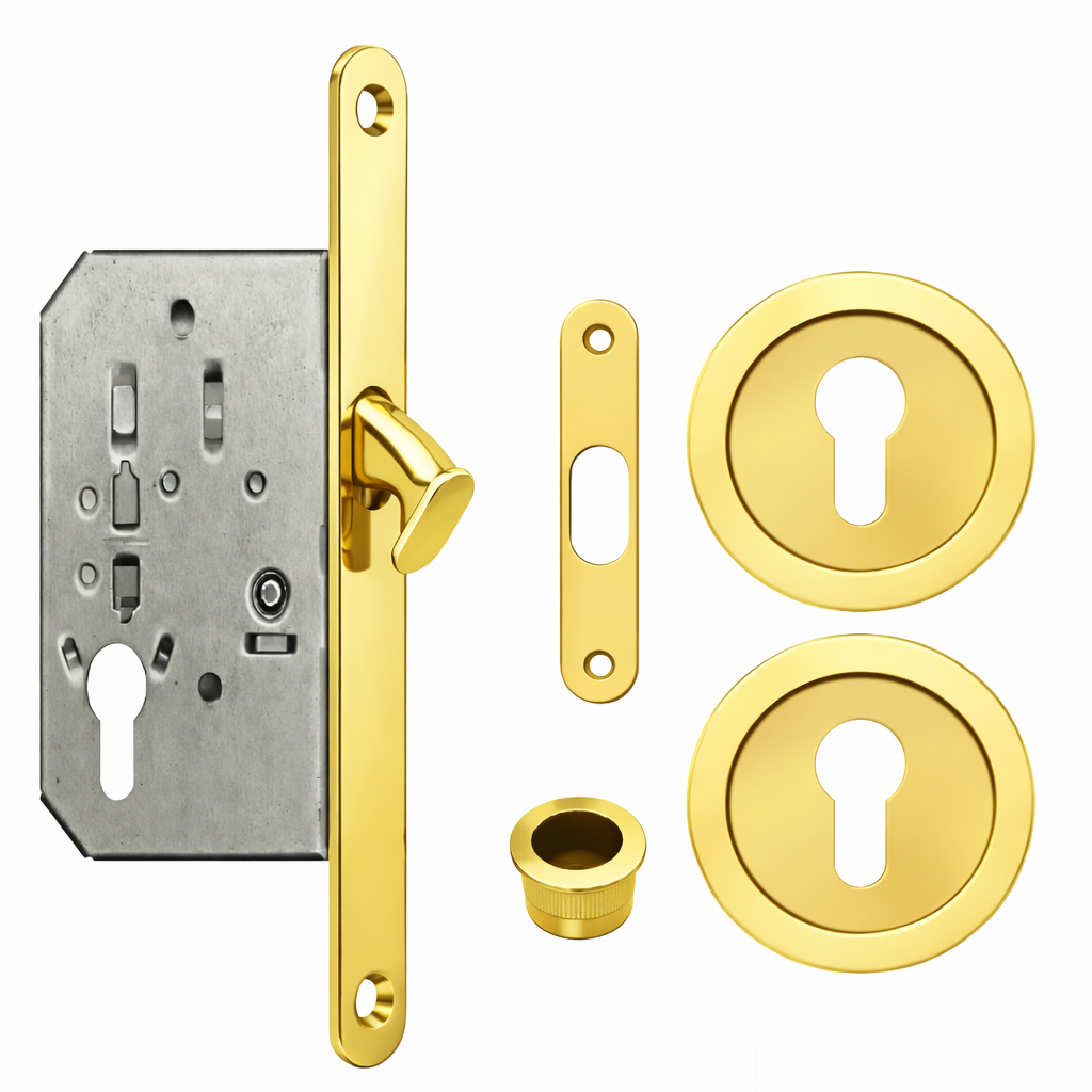 Acre & Clutton Sliding Door Flush Pull Handle Set Euro Lock Profile 57mm Polished Brass