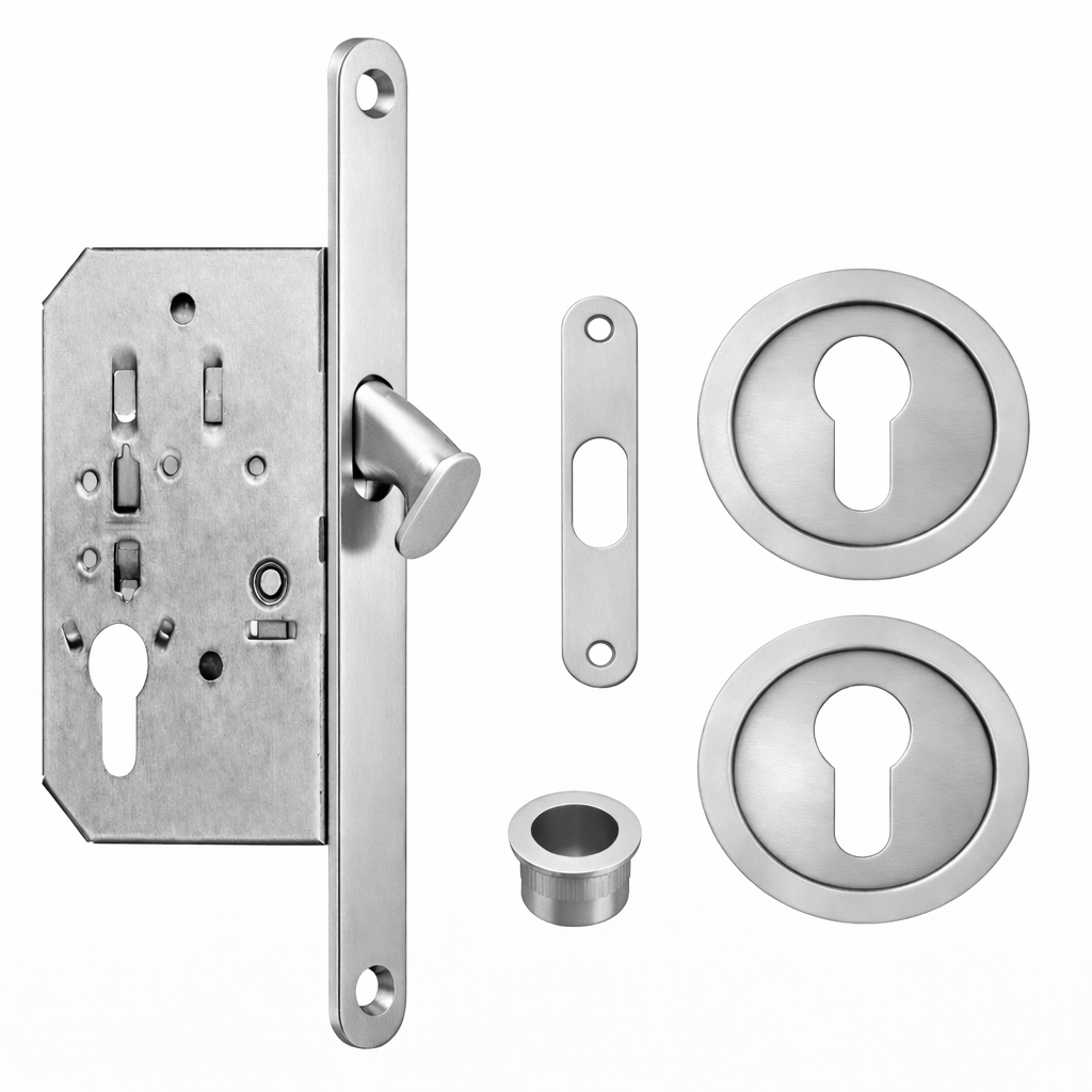 Acre & Clutton Sliding Door Flush Pull Handle Set Euro Lock Profile 57mm Satin Chrome