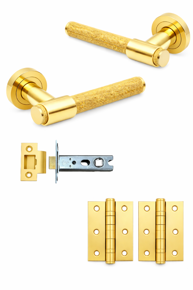 IRONZONE LVR016 Flare Knurled Door Handle on Rose - Latch Pack - Polished Brass