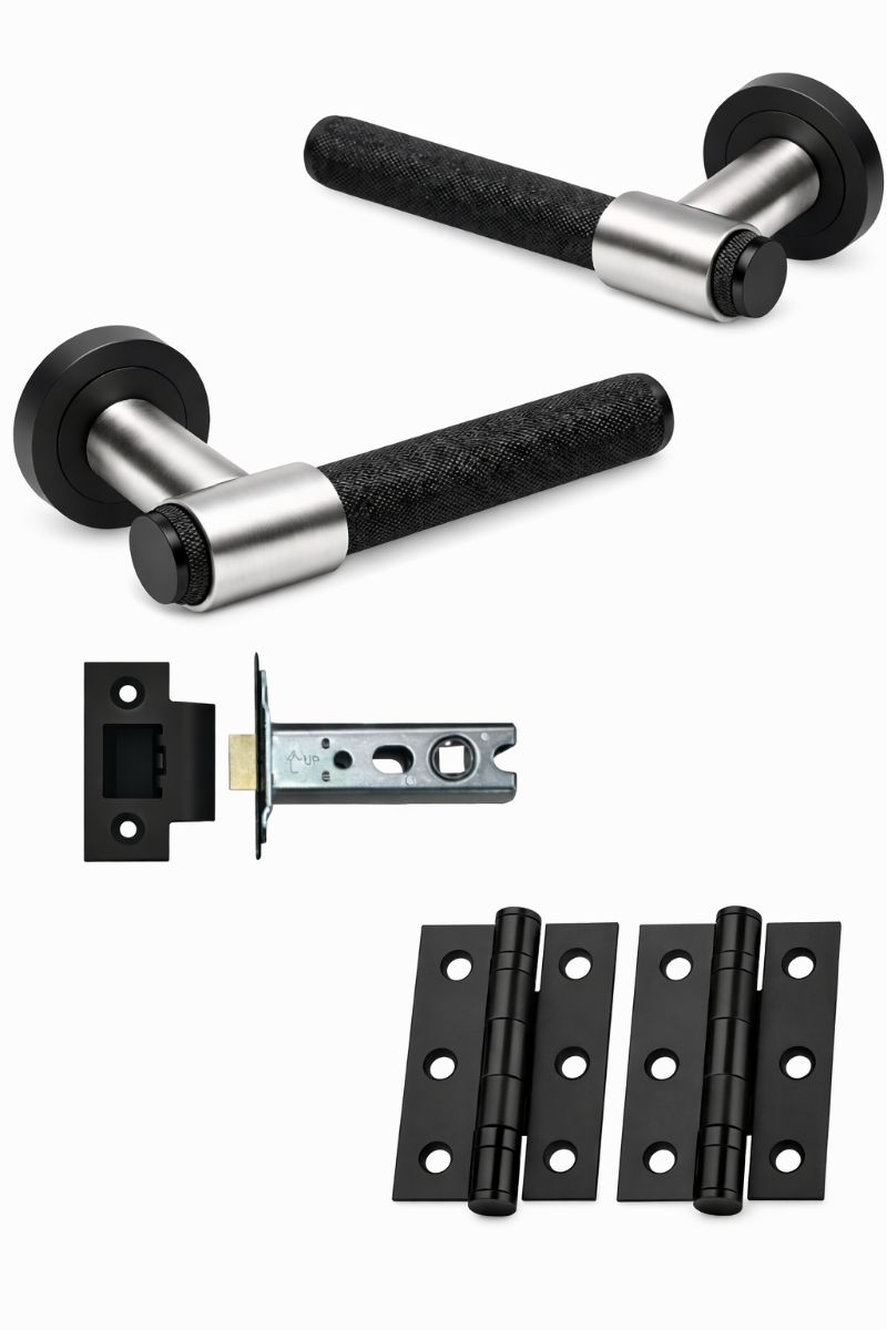 IRONZONE Flare Knurled Door Handle on Rose - Latch Pack - Matt Black/Satin Nickel