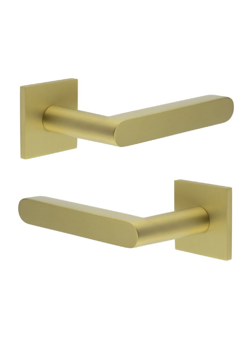 CR-101 Satin Brass Door Handle on Sprung Square Rose CR-101B1SB by Frelan