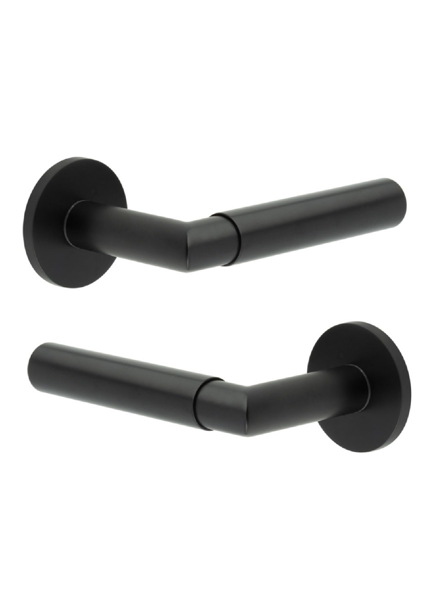 CR-102 Black Door Handle on Unsprung Round Rose CR-102A2MB by Frelan