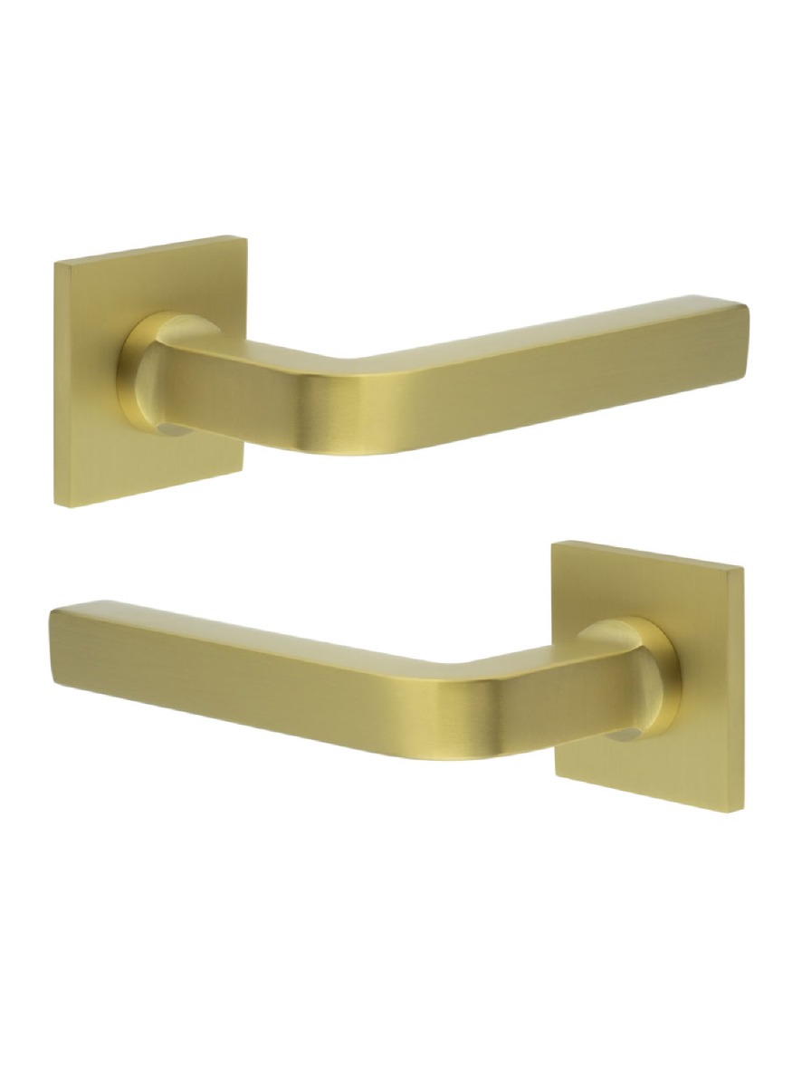 CR-104 Satin Brass Door Handle on Sprung Square Rose CR-104B1SB by Frelan