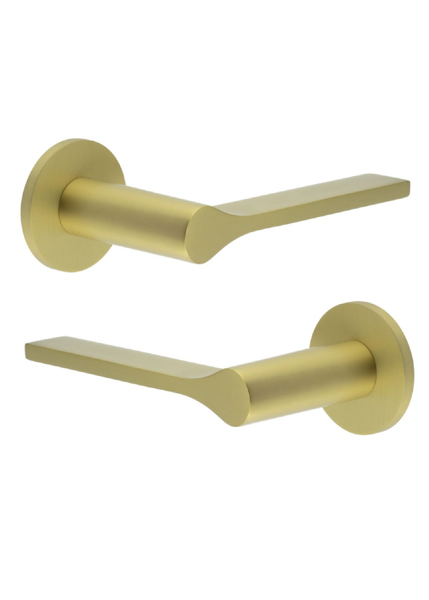 CR-105 Satin Brass Door Handle on Unsprung Round Rose CR-105A2SB by Frelan