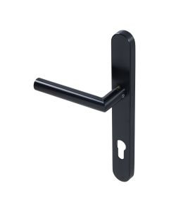 BLU KM078C Mitre Lever Door Handle on Backplate (Dual Sprung), 52mm Handle Projection Version, 32 x 249 x 12.5mm, 316 Stainless Steel, PVD Satin Black Finish KM078C-PBK