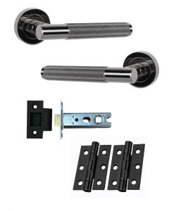 IRONZONE Marino Knurled Door Handle on Rose - Latch Pack - Black Nickel