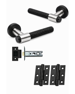 IRONZONE Flare Knurled Door Handle on Rose - Latch Pack - Matt Black/Satin Nickel
