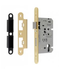 Din Euro Profiile Escape Sashlock 60mm Backset 86mm Case - 72mm Centres - Radius Satin Brass DLS7260ESCSB/R Eurospec