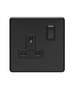 Eurolite Ecmb1Sob 1 Gang 13Amp Dp Switched Socket Flat Concealed Matt Black Plate Black Rocker