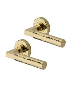 Heritage Brass Door Handle Lever on Rose Hammered Bauhaus Design Polished Brass Finish HAM2259-PB