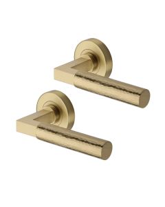 Heritage Brass Door Handle Lever on Rose Hammered Bauhaus Design Satin Brass Finish HAM2259-SB