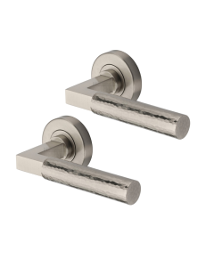 Heritage Brass Door Handle Lever on Rose Hammered Bauhaus Design Satin Nickel Finish HAM2259-SN