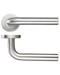STEELWORKS Radius Lever Door Handle On Round Rose Satin Stainless Steel