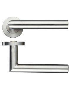 STEELWORKS Oval Mitred Lever Door Handle On Round Rose Satin Stainless Steel