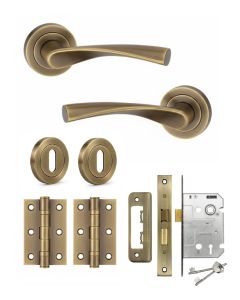IRONZONE Elvas Door Handle on Rose - Lock Pack - Antique Brass
