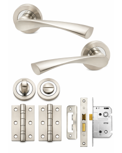 IRONZONE Elvas Door Handle on Rose - Bathroom Pack - Satin Nickel/Polished Chrome