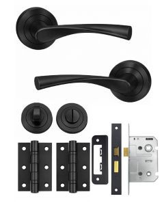IRONZONE Elvas Style Levers Door Handles on Rose - Bathroom Pack - Matt Black