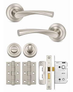 IRONZONE Elvas Door Handle on Rose - Bathroom Pack - Satin Nickel