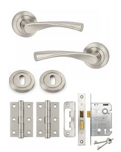 IRONZONE Elvas Door Handle on Rose - Lock Pack - Satin Nickel