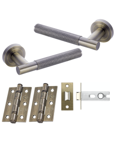 IRONZONE Marino Knurled Door Handle on Rose - Latch Pack - Antique Brass