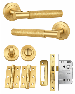 IRONZONE Marino Knurled Door Handle on Rose - Bathroom Pack - Satin Brass