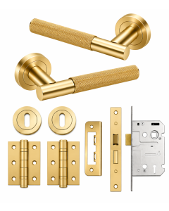 IRONZONE Marino Knurled Door Handle on Rose - Lock Pack - Satin Brass