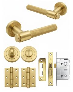 IRONZONE Flare Knurled Door Handle on Rose - Bathroom Pack - Satin Brass