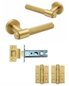 IRONZONE Flare Knurled Door Handle on Rose - Latch Pack - Satin Brass