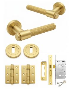 IRONZONE Flare Knurled Door Handle on Rose - Lock Pack - Satin Brass